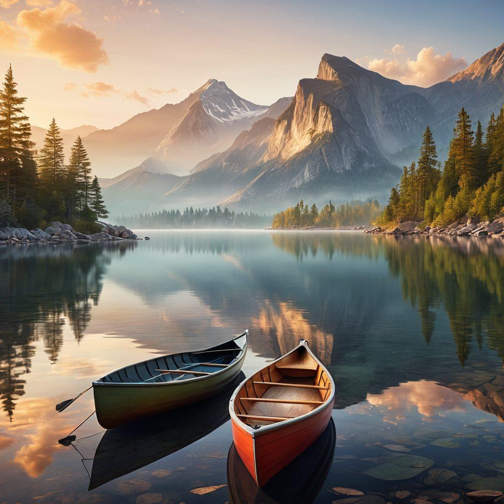 A serene scene of a tranquil lake at dawn, showcasing various watercraft like canoes and sailboats secured safely on the shore, with distant mountains reflecting in the calm water. Include a protective shield graphic overlaying the watercraft to symbolize protection and security. Subtle warm and cool color contrasts to evoke a feeling of peace and safety. super-realistic. vibrant colors. serene atmosphere.