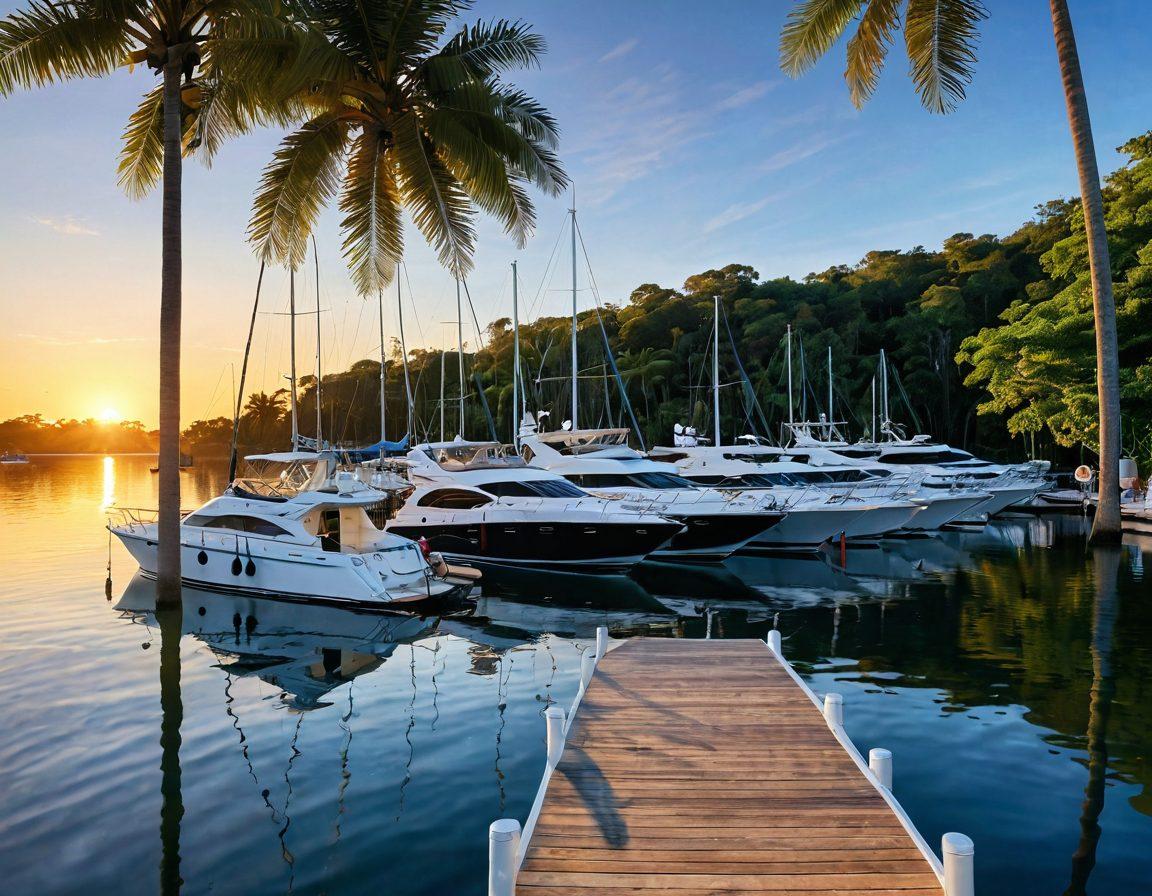A serene marina at sunrise with luxury yachts anchored safely. Lush tropical trees line the docks, while a marine safety expert inspects life jackets and safety equipment on board. Waves gently lap against the hulls, with a clear blue sky overhead. Include a visible safety checklist and high-tech navigation devices in the scene. super-realistic. vibrant colors. 3D.